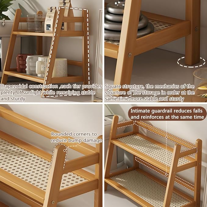 Hggzeg Wicker-Look Coffee Station Organizer, Double Layer Desk Organizers, Bamboo Home Coffee Mug Display Rack, Countertop Shelf, for Dormitory, Kitchen, Office (Original Wooden Color)
