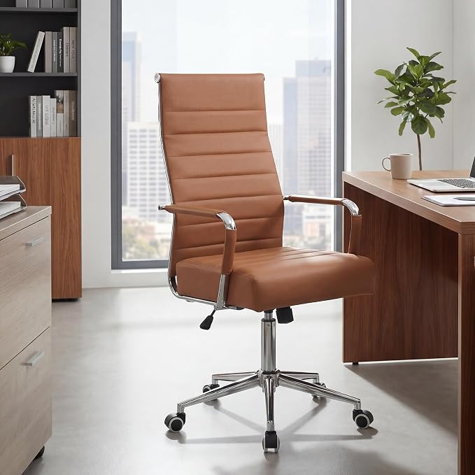 JOMEED Office Desk Chair,Conference Room Chair,High Back PU Leather Swivel | Modern Executive Ribbed Design, Ergonomic, Height Adjustable, Wheels and Arms, for Home Office(Brown-Silver Frame)