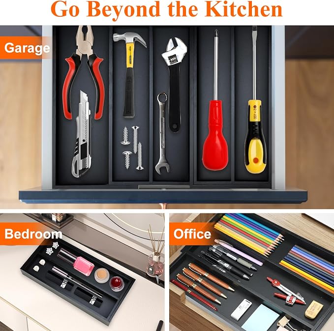 Expandable Black Bamboo Kitchen Utensils Drawer Organizer Silverware Tray | Large Cooking Utensil Tray Drawer Divider Insert Big Spatula Cutlery Holder Knife Spoon Flatware Wood Kitchen Tool Organizer