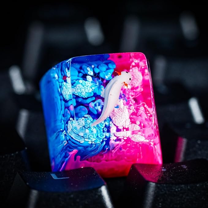 Pink Axolotl Artisan Keycap Pink Blue Ocean - 1U ESC, R1 SA Profile Custom Handmade Resin Cherry MX Switch Key Cap Mechanical Keyboard, Cool Tech Gifts for Men, Dad, Father, Gamer, Axolotl Lover