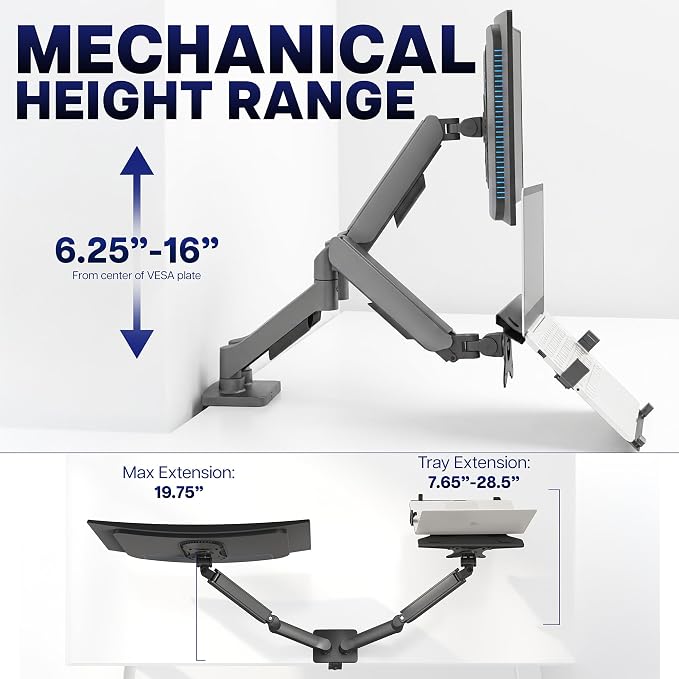 VIVO Universal Adjustable Monitor and Laptop Desk Mount, 17 to 32 inch Monitors, 10 to 15.6 inch Laptops, Dual Mechanical Arm VESA Notebook Stand with C-clamp and Grommet Options, Black, STAND-V002O-L