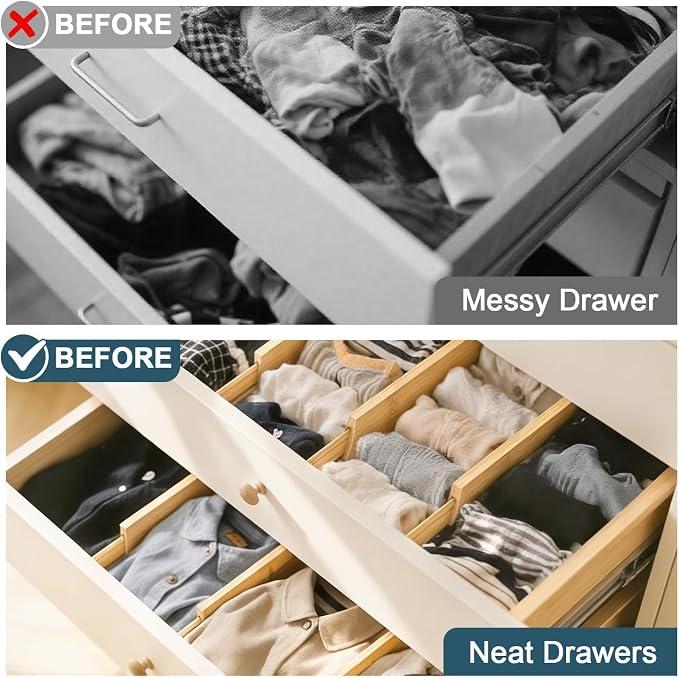 Lzerking Bamboo Drawer Dividers 4.65" High, Adjustable Dresser Drawer Organizers, 12-17.5" Expandable Deep Kitchen Drawer Divider for Dresser, Closet, Kitchen, Bedroom, Bathroom, 6 Pack