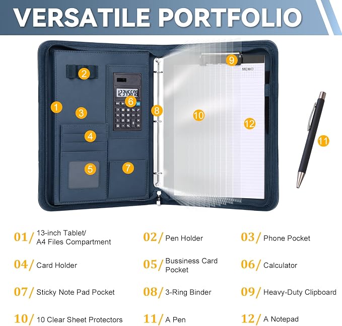 Leathario Portfolio Binder, Includes 5 Sheet Protectors and a Pen, 13 Inch Tablets Organizer, Vegan Leather A4 Padfolio, Multi-Pocket Notepad Business Planner Professional Document