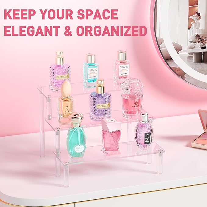 2 Packs Acrylic Display Stand Riser,3 Tier Perfume Organizer Cupcake Stand | Acrylic Pop Shelves Holder,Clear Desk Display Shelf for Figure,Trinket,Collectibles,Dessert Tray Stands for Party Decor-7.9in