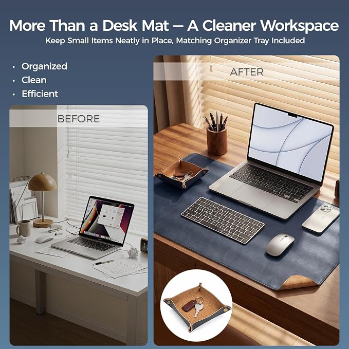Premium Faux Leather Desk Mat & Tray Set，Innovative Cork-Look Printed Base，Gift Tube Packaging，Full-Desk Coverage，Non-Slip Desk Pad for Office Home（Navy Blue）