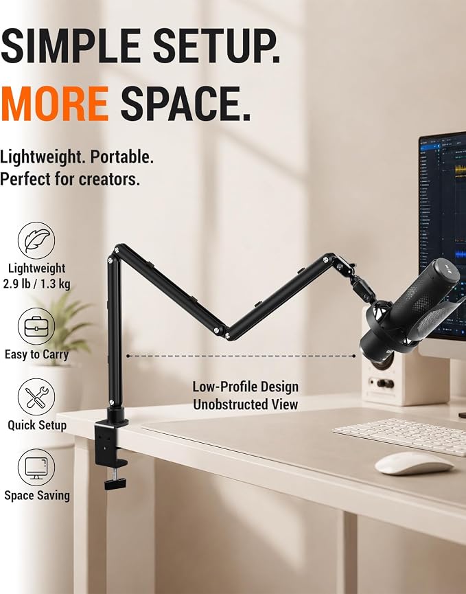 Low Profile Mic Arm for Lightweight Mics, Foldable Boom Arm with Desk Clamp, Mic Clip & 1/4" 3/8" 5/8" Adapters, 360° Metal Ball Head for Podcasting, Streaming & Gaming