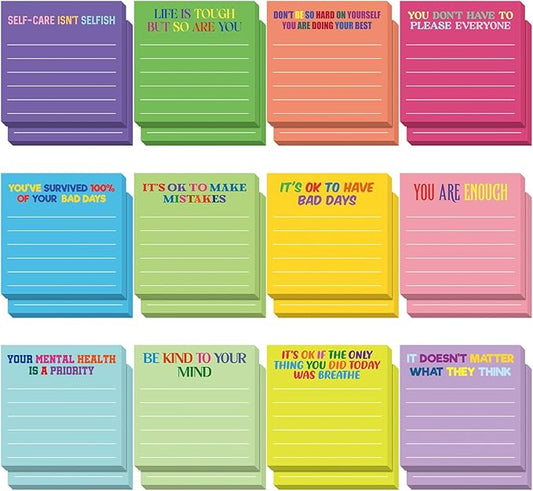 Yinder 24 Pcs Inspirational Sticky Notes Thank You Gift Motivational Sticky Note Pad Employee Appreciation Gift Bulk for Staff Coworker Teacher Nurse Office Groups 3 x 3'' (Mental Health,Dark Color)