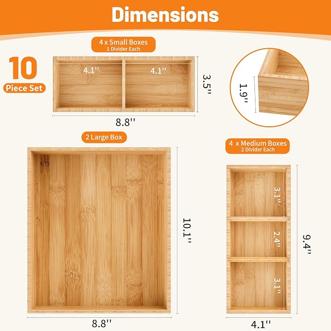 Bamboo Drawer Organizer, 10-Piece Stackable Trays with Removable Dividers | Junk drawer organizer, assorted tray sizes, 10-22 customizable compartments, nestable, kitchen utensils, bathroom, office