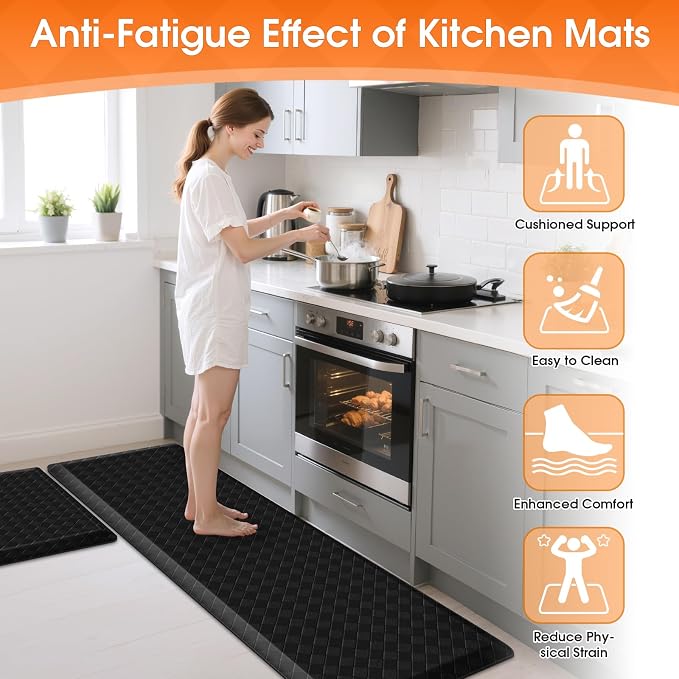 TranquilRelax 4/5 Inch Thick Anti-Fatigue Kitchen Mats 2Pcs, Cushioned Non-Slip Waterproof Sink & Stove Floor Mats, Comfortable Standing Rug Set for Kitchen, Laundry & Entryway Black