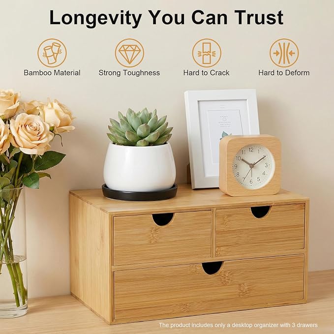3 Drawers Bamboo Desk Organizer, Tabletop Storage Organization Multifunctional Desktop Organizer Office Wooden Drawer Mini Wood Desk Drawers Organizers for Home Office No Assembly Required