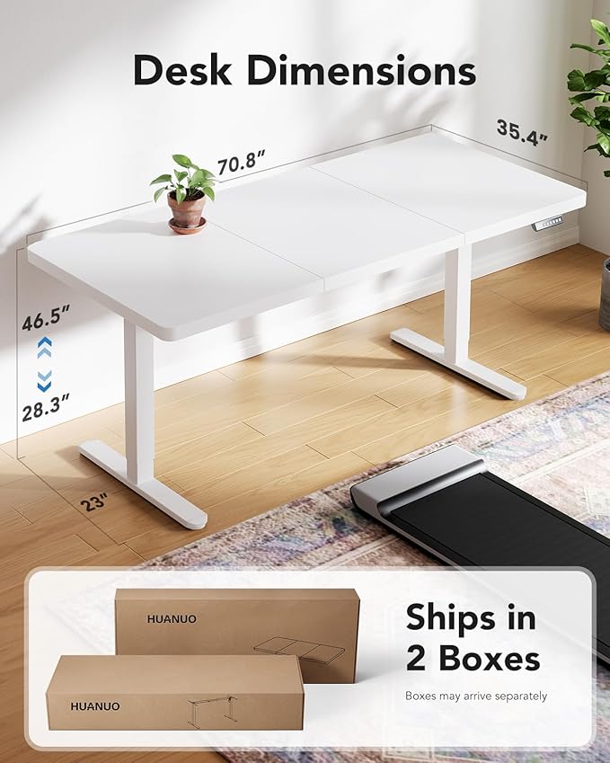 HUANUO Electric Standing Desk, 71 x 35 inch Large Height Adjustable Table, Powerful Brushless Motor, 4 Memory Preset, Sit Stand Up Desk, Home Office Computer Table with Thick T-Shaped Frame,White