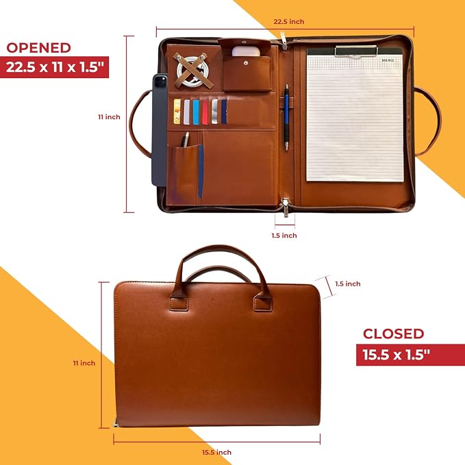 FUNTACY Leather Portfolio with Handles – Professional Business PU Leather Padfolio Organizer, Zippered Portfolio Binder for Documents, Resume, Notebook – Slim Leather File Folder for Men & Women
