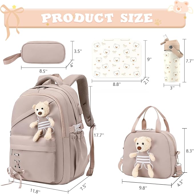 ACESAK Girls Backpack for School Set - 5 PCS Cute Girls Backpack with Lunch Box, Pencil Case, Bento Box & Insulated Water Bottle - Kawaii Casual Kids Bookbag Set Back to School Supplies (Khaki)