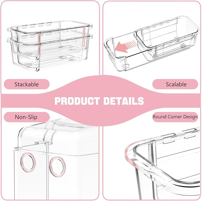 16 PCS Extendable Drawer Organizer Set Clear Stackable Vanity Storage Bins | 2-Size BPA-Free Acrylic Trays, Non-Slip Stackable Boxes for Makeup Cosmetics Office Desk Utensils Bathroom Dresser Countertop