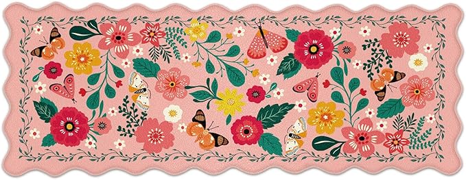 Scalloped Pink Kitchen Mats for Floor Cushioned Anti Fatigue Kitchen Mats Rugs Waterproof Non Slip Farmhouse Boho Floral Comfort Foam Standing Mat for Sink Laundry, 17.3x47