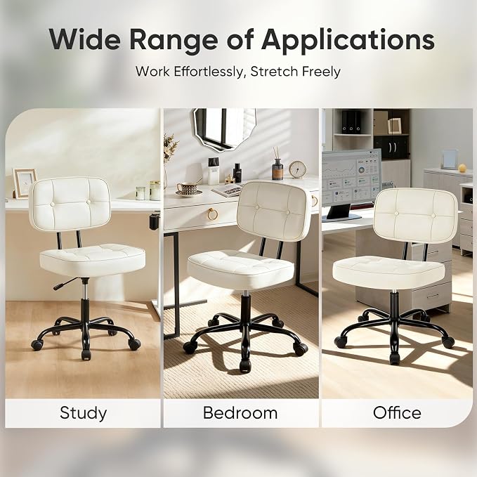DUMOS Armless Office Desk Chair, Small Vanity Chair with Wheels | PU Leather, Computer Rolling Task, Height Adjustable, Bedroom Living Room, Ivory White