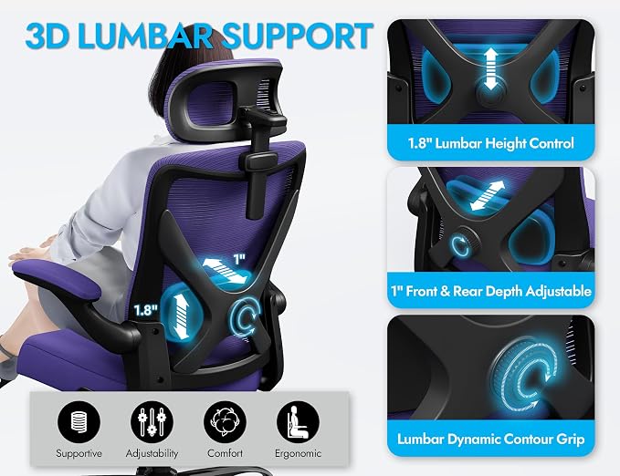 Ergonomic Office Chair: Mesh Desk Chair Comfy with Headrest& Lumbar Support | Ergalithic Big and Tall Office Chairs with Wheels & Flip-Up Arms-Computer Gaming Chairs for Adults Home Office(Purple)