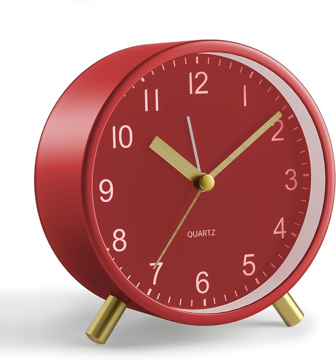 JALL Analog Alarm Clock, 4 inch Super Silent Non Ticking Small Clock with Night Light, Battery Operated, Simple Design, Easy Setting for Office, Bedroom, Bedside, Desk, Teens, Elders, Adult, Red