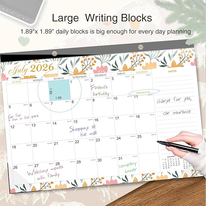 Desk Calendar 2026-2027 - 19 Month Desk Calendar july 2026-2027 Dec, 17" x 12", Large Monthly Desktop Calendar with Plastic Cover, Thick Paper, Corner Protectors - Floral (2 Stickers Included)