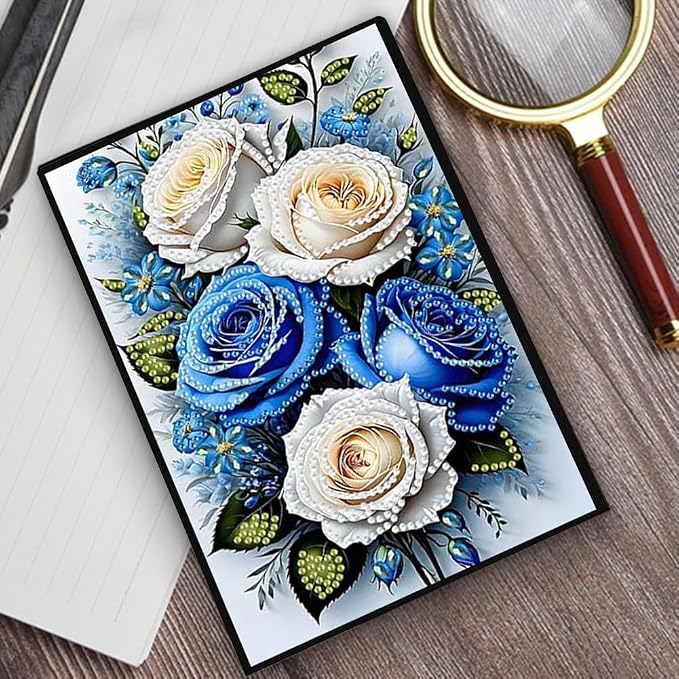 FRANDEK Pearl Painting Notebook Kit, Blue and White Rose A5 DIY Journal with 50 Blank Pages, Diamond Gem Art Cover with Waterproof Canvas, Beginner Craft Set with Full Tools for Adults