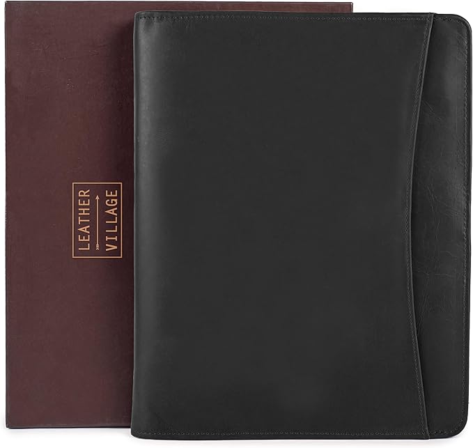 LEATHER VILLAGE Leather Portfolio Organizer - Professional Business Padfolio for Men & Women - Stylish Document Card Holder, Folio for A4/Letter Size Writing Legal Pad, Black