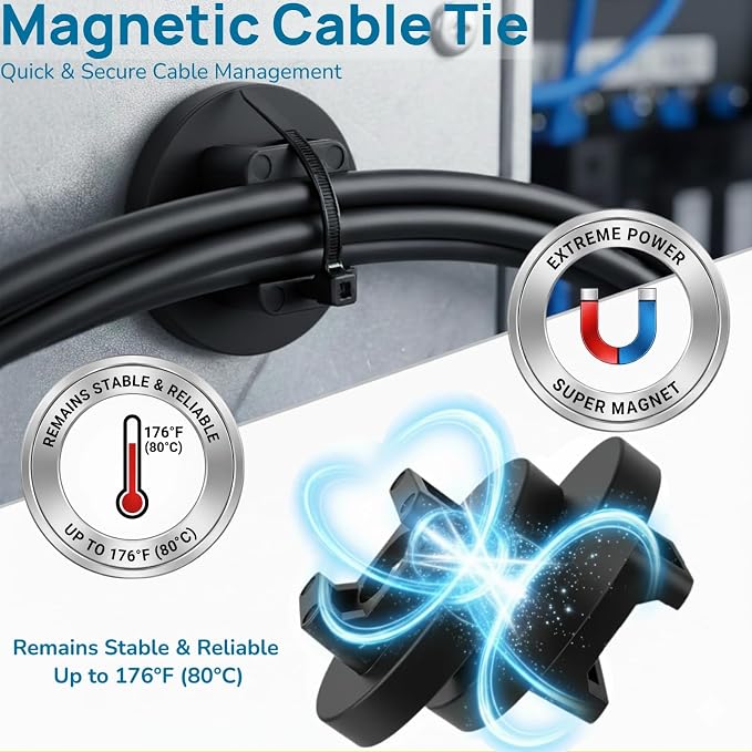 225 Pieces Magnetic Zip Tie Mount Set, 25 Magnetic Cable Tie with 200 Cable Ties, Strong Wire Management Cables Holder, Multipurpose Electrical Cord Holders Organizer (43mm)