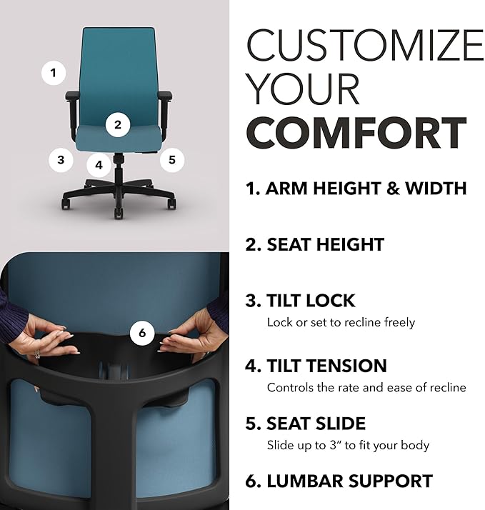 HON Ignition 2.0 Mid‑Back Ergonomic Office Chair, Mesh Task Desk Chair with Lumbar Support, Standard Synchro‑Tilt, Height and Width Adjustable Arms, Black Frame, Sky