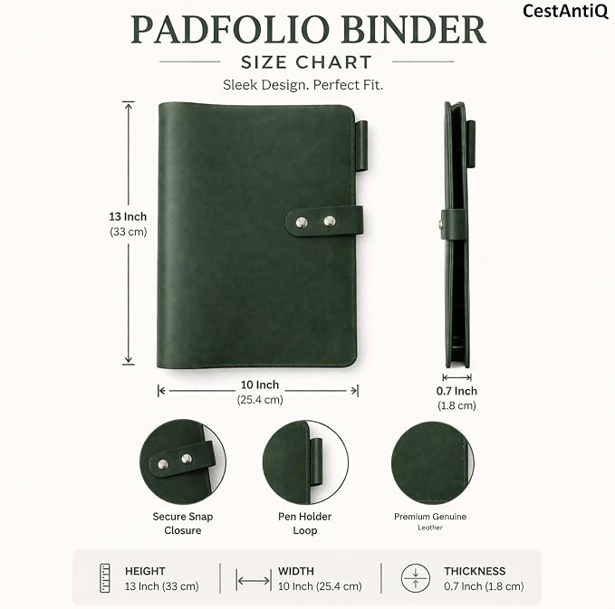 Premium Leather 3-Ring Binder Portfolio, 8.5x11 Inch Letter Size Organizer Folder, Refillable 3-Hole Paper BusinessBinder, Resume Folio for Men and Women (Green)