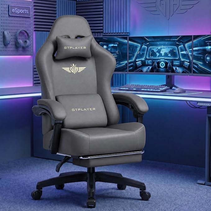 GTPLAYER Big and Tall Gaming Chair 400lbs Heavy Duty Office Chair with Footrest, High Back Pocket Spring Ergonomic Computer Chair for Adults, Wide Seated Cushion with Linkage Armrests, Leather Grey
