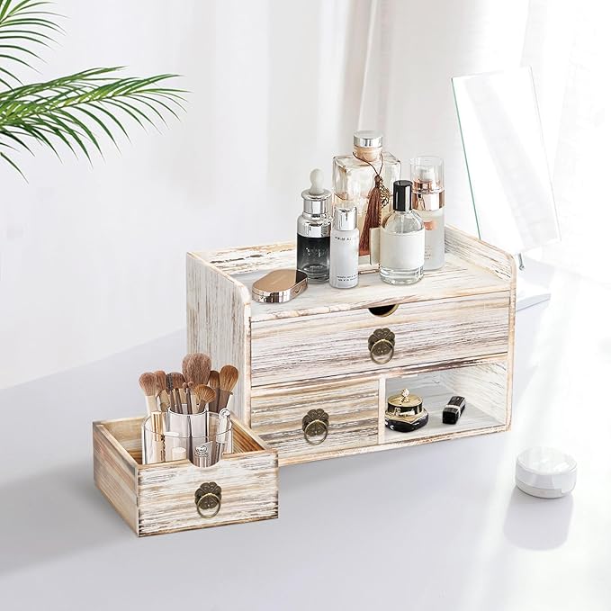 Wood Desk Organizer with Drawer, Vintage Brown Wooden Desktop Organizer, Tabletop Storage Organization Box for Countertop, Home Office Supplies (3 Drawer and Shelf)