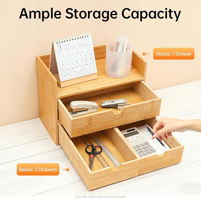 Desk Organizer, Office Vanity Bamboo Desk Organizer, Mini Bamboo Desk Drawer Tabletop Storage Box with 3 Drawer Night Stand Table Organizer for Makeup Vanity Office Supplies (3 Drawer, 1 Top+2 Bottom)