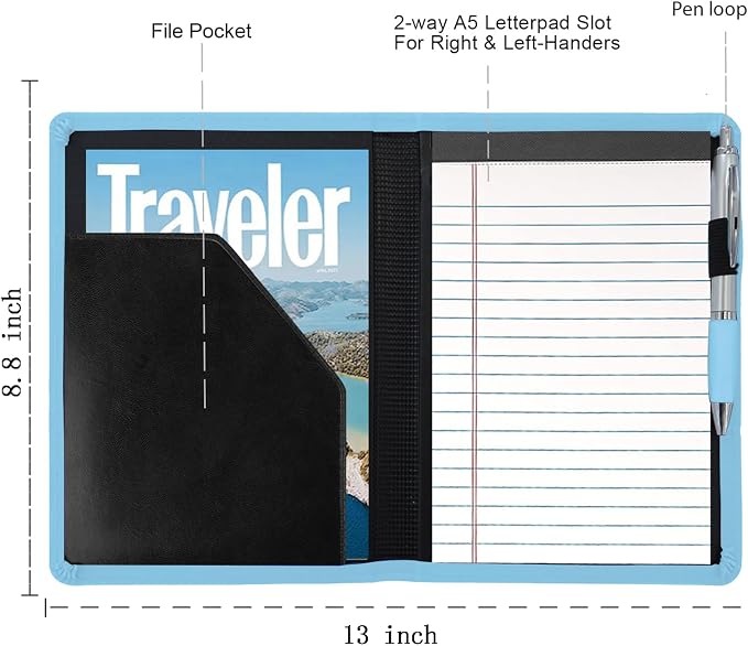 Padfolio/Portfolio Binder, Mini Padfolio Portfolio Binder 5 x 8 Legal Writing Pad, A5 Document Organizer Folder for Men Women, Sky Blue