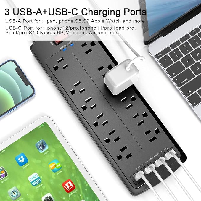 Power Strip, Nuetsa Surge Protector with 12 Outlets and 4 USB Ports, 6 Feet Flat Plug Extension Cord for Home, Office, Dorm Essentials, 2700 Joules, ETL Listed (Black)