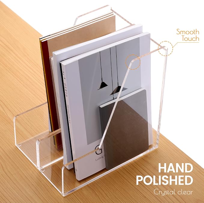 HeZone Magazine Holder, Clear Acrylic Desk Organizers, File Organizer for Desk, Magazine Rack- Desktop Book Storage -Independent Vertical 1 Space-2 Pack