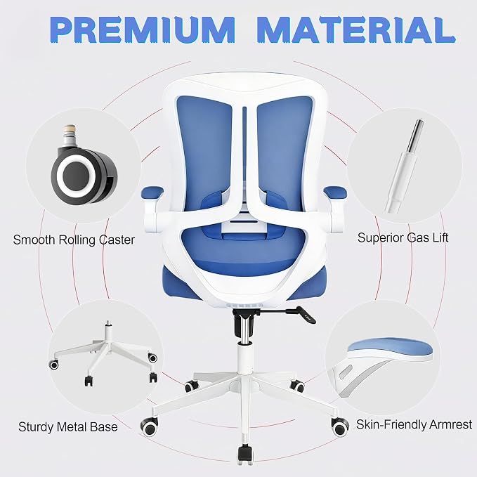 Office Chair (02BLue) | Smooth-rolling casters, space-saving design, height adjustable, for home office and gaming, sturdy construction