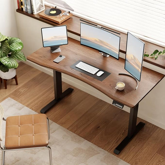 Solid Wood Electric Standing Desk 55"x23.6"Home Office Desk,Adjustable Workbench with 3 Stages Single Motor, Computer Workstation with T-Shaped Metal Bracket,Walnut Standing Desk for Gaming(1 Box)