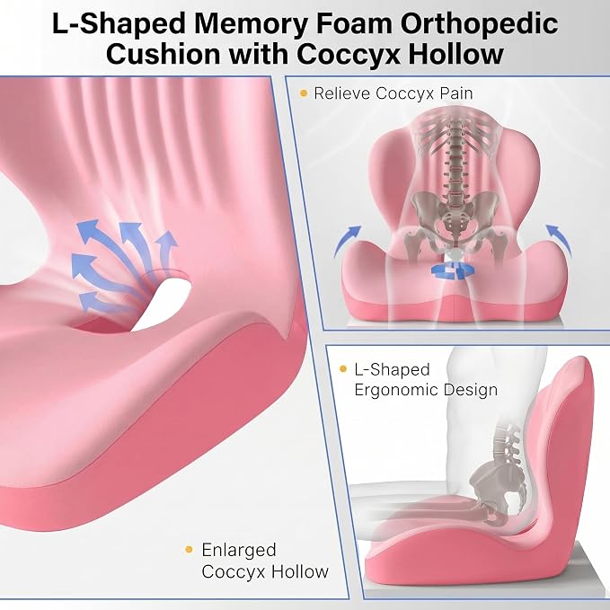 Ergonomic Seat Cushion with Lumbar Support (Pink) | Office Chair Seat Cushion, Memory Foam Orthopedic Cushion with Tailbone Hollow, Sciatica & Back Pain Relief for Long Sitting