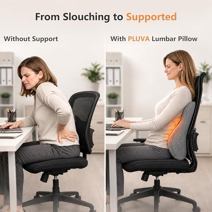 Lumbar Support Pillow with Heat and Vibration Massage for Lower Back Pain Relief & Comfort, Ergonomic Memory Foam Back Cushion with Adjustable Strap for Office Chair, Car Seat and Sofa, Grey