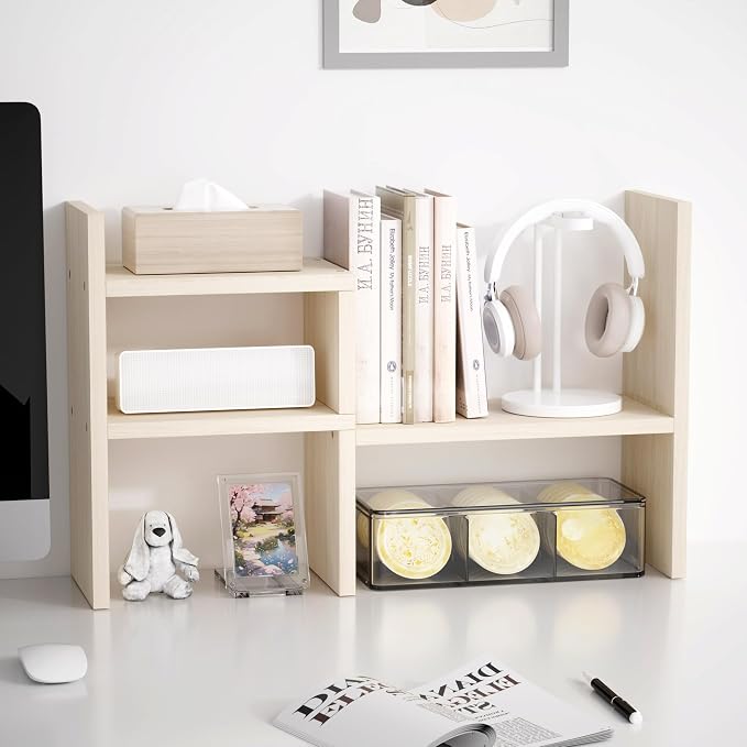 Jerry & Maggie Desktop Organizer Office Storage Rack Adjustable Wood Display Shelf, White, 5 Units, 16"L x 15.8"H x 6.8"W | Wooden Desk Organizer, Cute Dorm & Cubicle Decor. Stores Makeup & Mini Plants, Space-Saving Storage for Small College Rooms
