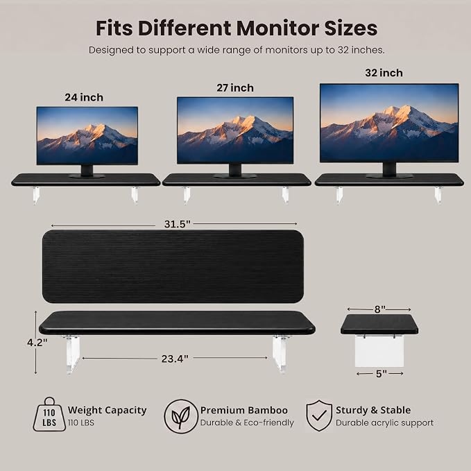 Bamboo Monitor Riser, Wide Desktop Monitor Stand for Desk with Clear Acrylic Legs, 31.5 x 8 inch Bamboo Wood Shelf, Fit Keyboard, Home Office Workspace Accessories,Study Stationaries Storage (Black)