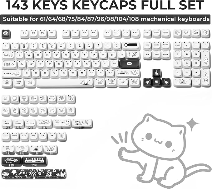 XVX Cute Cat Keycaps, Mao Profile White PBT Keycaps, 143 Keys Meow Meow Keyboard Keycap Sets Compatible with 65% 75% 96% 100% Cherry Gateron MX Switches Mechanical Gaming Keyboard