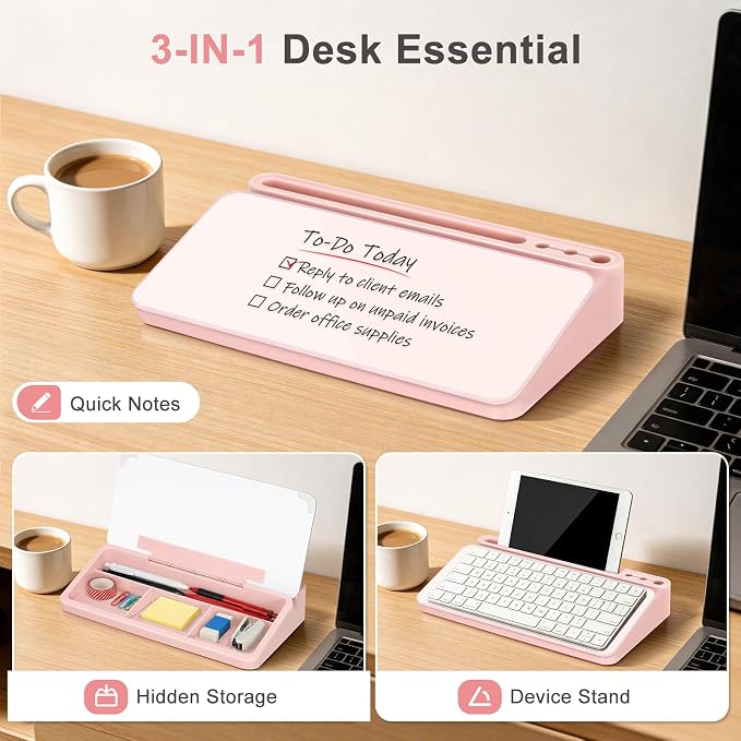 WALGLASS Small Desktop Whiteboard with Storage, Glass Desk Dry Erase White Board Computer Keyboard Stand with Drawer, Desk Organizers with Accessories for Office, Home, School Supplies Pink