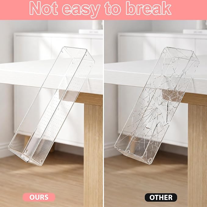 6 Pack Clear Plastic Drawer Organizer Tray 15 x 6 x 2 Inch Large Clear Drawer Organizer Set with Non-Slip Silicone Pads Stackable Drawer-Organizer Traysfor Makeup, Bathroom, Kitchen Utensils, Office,