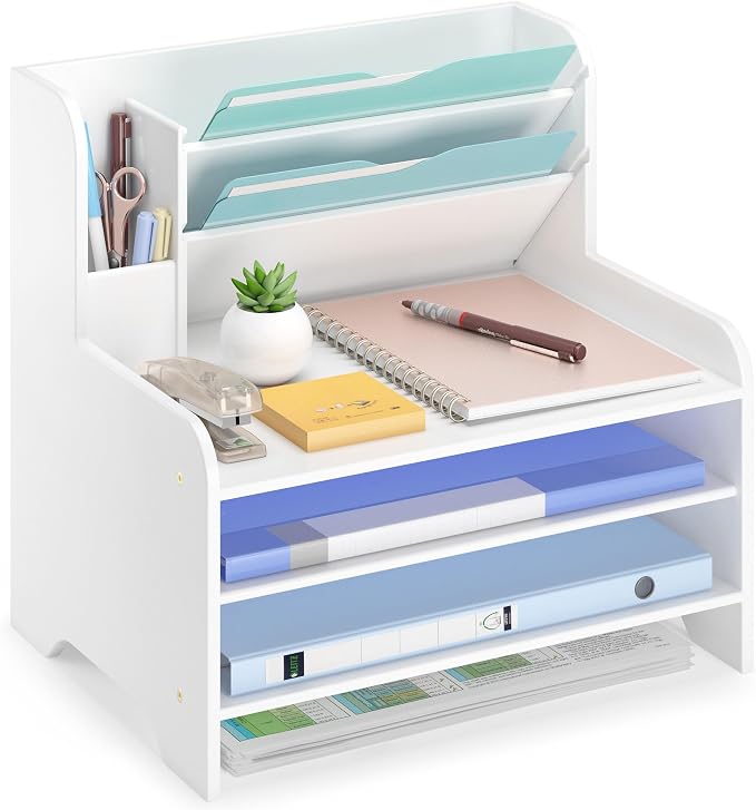 Bamboo File Organizer for Desk, Desktop Paper Tray and Mail Holder | Three open tiers keep A4/letter paper, folders, bills and mail sorted, visible and easy to reach while saving desk space