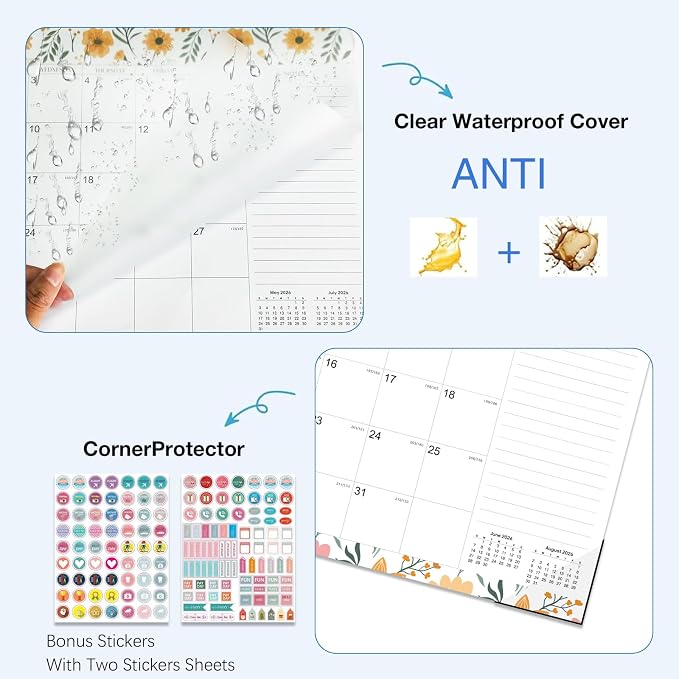 Desk Calendar 2026-2027 - 19 Month Desk Calendar july 2026-2027 Dec, 17" x 12", Large Monthly Desktop Calendar with Plastic Cover, Thick Paper, Corner Protectors - Floral (2 Stickers Included)
