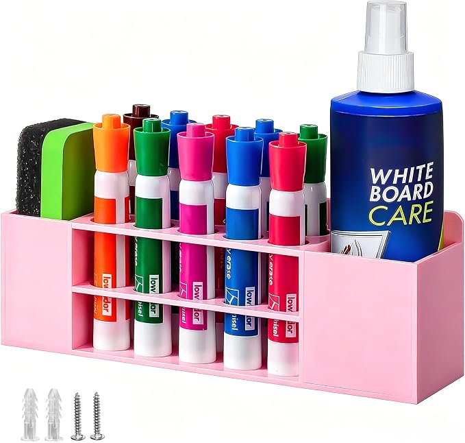 Magnetic Dry Erase Marker Holder for Whiteboard, Wall Mount Pen Holder for Refrigerator, Clear Pencil Holder for Fridge, Strong Magnet Locker Organizer for Classroom(Pink)