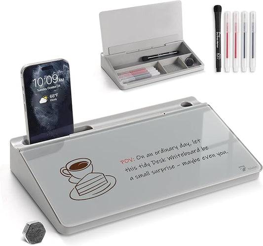 TOWON Small Compact Glass Desktop Whiteboard with Storage – 12 x 7 in Dry Erase Board for Desk, Home Office, School | Includes 5 Markers, Eraser & Holder | Space-Saving Organizer, Aesthetic Gray