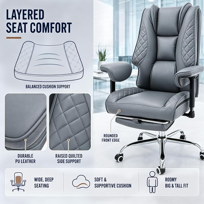 Big and Tall Office Chair，Heavy Duty Wide Executive Office Chair(Grey) | Breathable Leather，Double-layered Backrest，Seat Cushion Designed of Deluxe Embroidery Leather，Foot Rest, Adjustable Armrests
