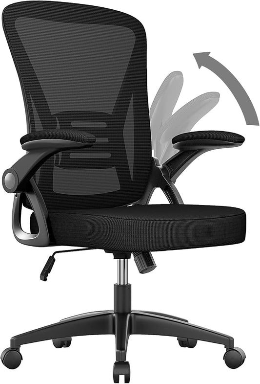 naspaluro Home Office Desk Chair Mid Back with Adjustable Height Dark Black | Comfy Ergonomic Chair with Flip-Up Arm and Lumbar Support, Breathable Mesh Swivel Computer Chair for Study Working Teacher