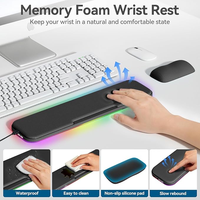 2-in-1 Heated Wrist Rest Set, Ergonomic Memory Wrist Pad with RGB Lights and Non-Slip Base, Keyboard Mouse Wrist Rest for Computer Laptop Office Work and PC Gaming